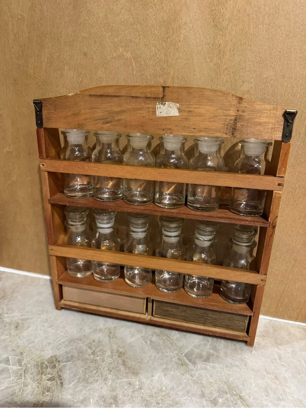 Vintage Wooden Spice Rack with Glass Jars - Brown